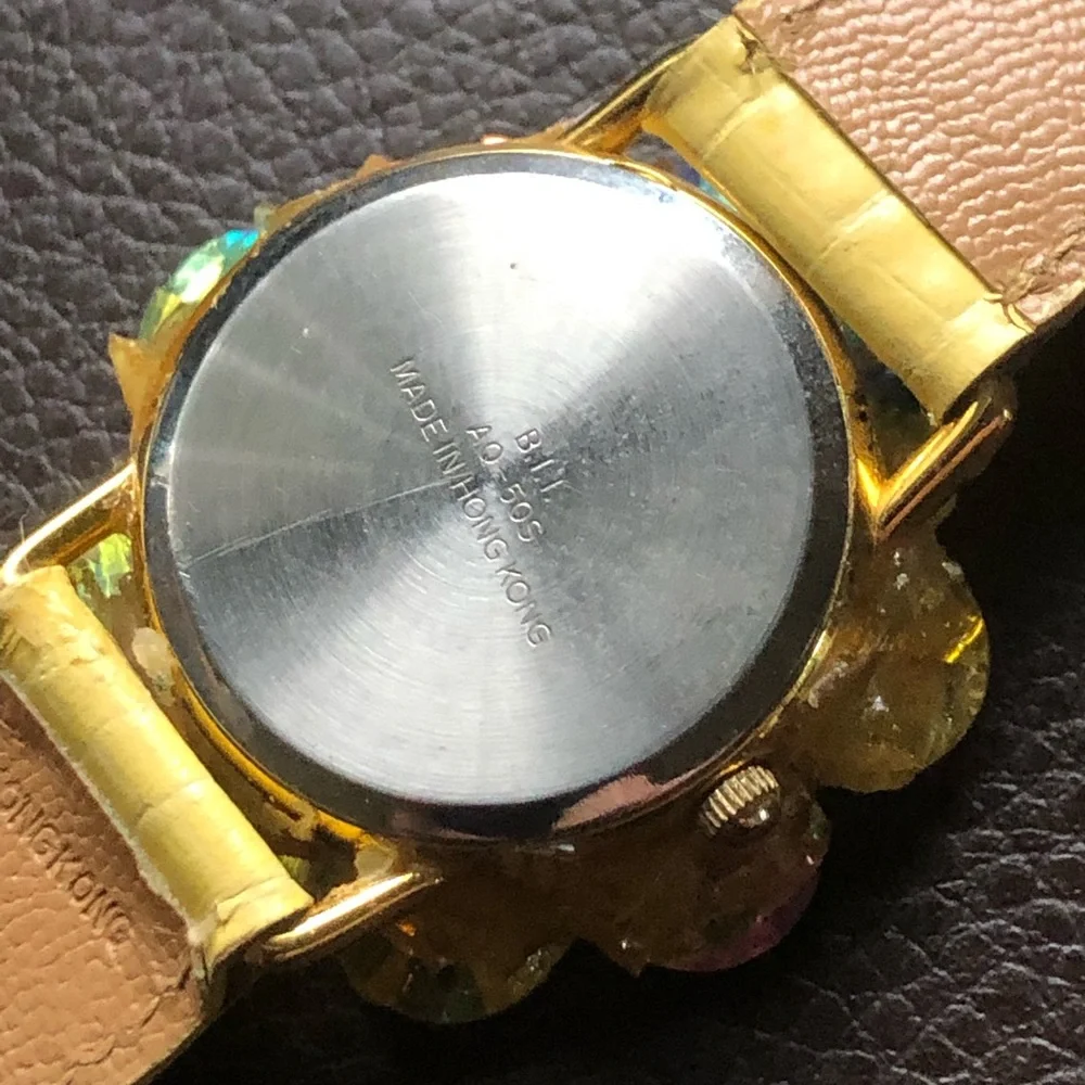 Vintage 80s ladies Cheval lemon rivoli stone genuine leather band watch
